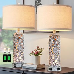 RORIANO 25'' Set of 2 Farmhouse Table Lamps with 2 USB Ports for Living Room Bedroom, Rustic Vintage Table Lamp with Nightlight, Earthy Yellow Hollow Out Resin Lamp for End Table, 2 Bulbs Included