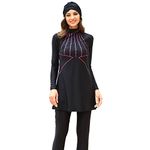 IBAKOM Modest Swimsuit for Women Islamic Long Sleeve Bathing Suit Full Body Muslin Burkini Rash Guard Set with Swim Hijab, Black+pink (3pcs), Medium