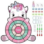 Unicorn Dart Board Set, 26PCS Dart Board Kids Toys for 3-9 Year Old, Unicorn Gifts for Girls with Loops 1 Unicorn Horn 12 Sticky Balls 6 Darts, Age 3-12 Indoor Outdoor Party Games Toys