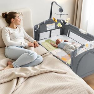 Soobaby 5 in 1 Infant Newborn Baby Crib,Baby Bassinet Bedside Cribs,Pack and Play and Changing Table,Portable & Music Box,Portable Travel Crib,Dark Gray