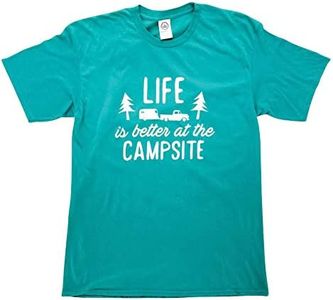 Camco Life is Better at The Campsite Crew Neck Short Sleeve T-Shirt | Features a Comfortable Non-Restrictive Fit, RV/Camping Design on Teal, and is Machine Washable | Large (53219)