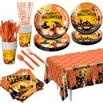 Halloween Party Supplies: Halloween Party Decorations 129 PCS - Disposable Paper Plates Tableware Napkins Cups for Kids Boy Girl Halloween Pumpkin Themed Party Decorations Serve 16