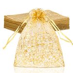 STARUBY Organza Gift Bags 50 Pcs Gold Sheer Organza Bag 6x8 Inch Mesh Favor Bags Drawstring Jewelry Rattan Printed Gift Pouches for Wedding Party Favors Baby Shower Christmas Gifts Candy Bags