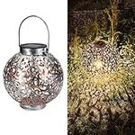 Navaris Outdoor Solar Lantern Light - 16cm Round Metal Hanging or Table LED Lighting for the Garden with Decorative Silver Silhouette Ornament Design