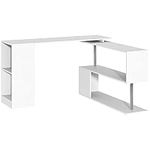 HOMCOM 55" L-Shaped Desk, 360° Rotating Corner Computer Desk, Home Office Workstation with 3-Tier Storage Shelves, Bookshelf, White