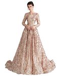 Ikerenwedding Women's Scoop Sequins Long Sleeves Lace-up Prom Ball Gown Champagne US14