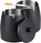 Outdoor Cigarette Ashtray with Lid Smokeless Stainless Steel Ash Trays Covered Windproof Smell Proof Ashtrays for Outside Patio (Black, Medium, Pack of 2)