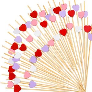 FOIMAS 200pcs Heart Cocktail Picks,Red Pink Purple Heart Shaped Bamboo Toothpicks for Appetizers Fruit Food Cake Valentine's Day Party Wedding Decoration