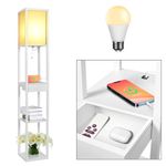 PULUOMIS Floor Lamp with Shelves, 3 Tier Storage Standing Lamp with LED Bulb, 2 USB Charging Ports and 1 Drawer, Modern Reading Lamp for Living Room, Bedroom, Office, Home Decoration, White