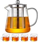 Roy Enterprise Glass Kettle Teapot for Gas Stove – Borosilicate Tea Pot with Stainless Steel Infuser, Heat-Resistant & Stovetop Safe, Loose Leaf & Blooming Tea – Set with 4-150ml Cups (750ML + 4Cup)