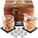 Whiskey Glass Gift Set for Men Dad - Whiskey Glass Set of 2 - Bourbon Whiskey Stones Wood Box Gift Set - Includes Crystal Whisky Glasses, Chilling Rocks, Slate Coasters for Scotch Wisky Burbon Gifts