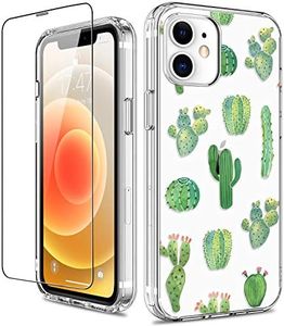 GiiKa for iPhone 12 Mini Case with Screen Protector, Clear Full Body Shockproof Protective Floral Girls Women Hard Case with TPU Bumper Cover Phone Case for iPhone 12 Mini, Green Cactus