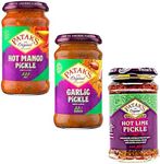 Spicy Indian Pickle Bundle - with Pataks Garlic, Hot Lime, and Hot Mango Pickle - 3 x 283g Jars - Versatile and Delicious