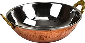 Sterling Ventures Indian Curry Platter Stainless Steel Dishes Bowl Food Serving Karai Kadai Handi Hammered Balti Copper Bottom with Solid Brass Handle (17CM)