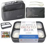 Bento Lunch Box with Bag and Ice Pack Set | Bento Box Adult Lunch Box | 3 Compartment Boxes, Insulated Bags for Work School | Containers for Teens Adults Boys Kids Lunches | Grey Black Large Kit