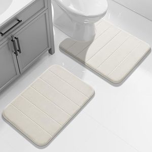 Yimobra Memory Foam Bath Mat Set, 2 Piece Soft Bathroom Rugs,17x24 and 24x20.4 U-Shaped Bathroom Rug, Toilet Mat, Water Absorption, Non Slip, Thick, Dry Fast for Bathroom Floor Mat, Cream White