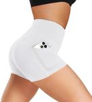 Biker Shorts Women with Pockets - 3"/5"/8" High Waisted Soft Tummy Control Workout Shorts for Yoga Athletic Gym White