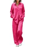 Ekouaer Pajamas Women's Classic Satin Sleepwear Long Sleeve Button Down 2 Piece Silk Sleep Set Nightwear Hot Pink XXL