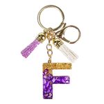 CRAFT STUDIO Resin Alphabet Initial F letter keychain for Boys & Girls | Resin Key chain for Purse, Handbag and Backpack | Handmade Resin Keychain with Tassel and - Purple & Gold