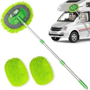 Bemece Car Wash Brush Kit with 43.3" Telescopic Handle, Car Washing Brush with 2 in 1 Chenille Microfiber Mop Heads for Cleaning Truck, Caravan Van, Scratch Free (2 x Mop Head)