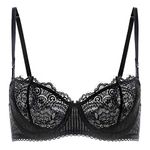 DOBREVA Women's Lace Balconette Bra Half Cup Non Padded Push Up Underwire Sheer Bras Black 36F