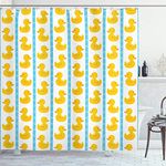 ABAKUHAUS Rubber Duck Shower Curtain, Duckies on Stripes and Small Circles Baby Nursery Play Toys Pattern Print, Cloth Fabric Bathroom Decor Set with Hooks, 78 Inches, White