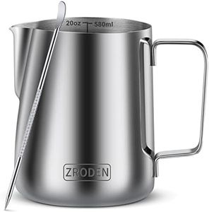 Milk Frothing Pitcher, 20oz Espresso Steaming Pitchers Stainless Steel Cappuccino Coffee Machine Accessories Barista Tools Steamer Froth Pitchers Milk Jug Cup with Decorating Pen Latte Art Silver