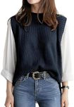 PEIQI Women's Sleeveless Round Neck Sweater Vest Slit Sweater Top Solid Knitted Vest Sweater Navy XX-Large