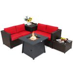 Tangkula 5 Piece Patio Furniture Set with 50,000 BTU Propane Fire Pit Table, Outdoor Wicker Conversation Set w/Cushions, Storage Box and Tempered Glass Coffee Table, 30” Gas Fire Pit Table (Red)