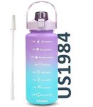 US1984 2000ml Sports Gallon Motivational Water Bottles with Time Marker Wide Mouth GYM Outdoor Water Bottle with Straw & Handle, Leak proof BPA Free Fitness Water Bottle (2 Litre Purple) Plastic