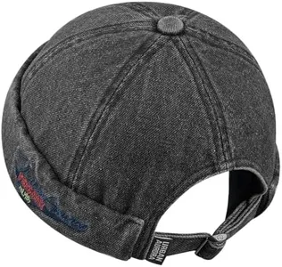 CLAPE Mens Denim Brimless Skullcap Sailor Cap Rolled Cuff Retro Beanie Hat Work Beanie Harbour Hat (CT60-Black)