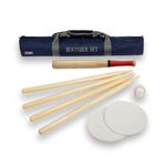 Uber Games Rounders Set | Includes A Wooden Rounders Bat With Rubber Grip, Leather Rounders Ball, 4 Wooden Posts, 2 Rubber Mats | Nylon Storage Bag