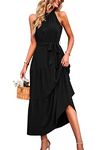 PRETTYGARDEN Women's Summer Maxi Sun Dress Sleeveless Halter Neck Flowy Ruffle Hem Long Boho Dresses with Belt (Solid Black,Medium)