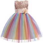 Wocau Little Girls' Sequin Mesh Tull Dress Sleeveless Flower Party Ball Gown, Rainbow Beige, 4-5 Years