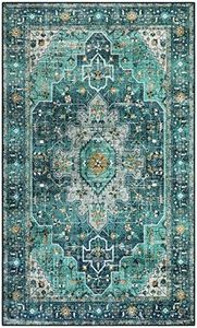 Moynesa Ultra-Thin Washable Vintage Area Rug - 3x5 Boho Entry Throw Rug Non-Slip Oriental Medallion Bedroom Mat Non-Shedding Indoor Floor Carpet for Living Laundry Room, Teal/Mutil