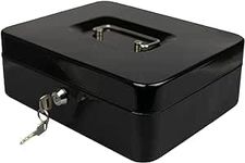 Primes DIY 12inch Metal Cash Box Steel Petty Cash Box Supplied with 2 Keys and Removable Change Tray in Black and Blue Perfect Secure Storage for Loose Change (Black)