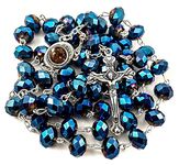 Nazareth Store Deep Blue Crystal Beads Rosary Catholic Necklace Holy Soil Medal and Crucifix Cross Velvet Bag