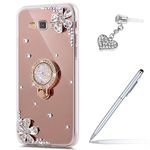 Galaxy Grand Prime Case,Galaxy Grand Prime Mirror Case,ikasus Inlaid diamond Flowers Rhinestone Glitter Bling Mirror TPU Case & Ring Stand Holder +Touch Pen Dust Plug for Galaxy Grand Prime,Rose Gold