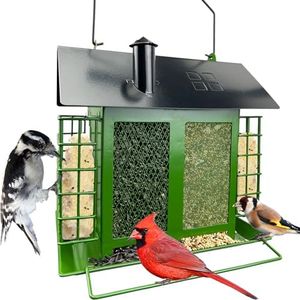 Bird Feeder House for Outdoor, Metal Bird Feeder with 3 Different Seed Trays for Cardinal Finch Chickadee and Wild Birds, Large Capacity & Durable (Green)
