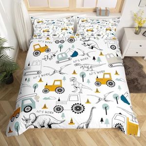 Construction Bedding Set Full Size Kids Cartoon Car Excavator Tractor Toddler Comforter Cover Set Equipment Trucks Dinosaur Duvet Cover Construction Vehicles White Yellow Bedspread Cover Quilt Cover