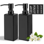 MIUSITE Black Soap Dispensers, Stylish 350ml Hand Soap Dispenser for Kitchen/Bathroom, Square Glass Soap Dispenser, Refillable Dish Soap Dispenser with Stainless Pump and Stickers - 2 Pack