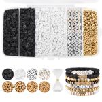 Funtopia Beads for Bracelets, 6mm Flat Clay Beads Kit with Letter Beads and Gold Spacer Beads for Making Jewellery, Friendship Bracelet Making Kit for Women and Men (White, Black, Gold)