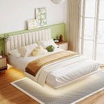 YOPTO Queen Size Upholstered Platform Bed with Sensor Light and Velvet Headboard, Bedroom Floating Wooden Bed Frame, Easy Assembly,No Box Spring Need, for Teens, Beige