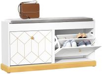 HOLTICO Shoe Bench Storage with Seat, Shoe Storage Bench with Cushion & Flip-Drawer, White Shoe Cabinet Shoe Cupboards, Shoe Storage Cabinet for Hallway, Entryway