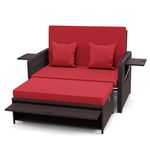 RELAX4LIFE Wicker Patio Outdoor Daybed - Rattan Day Bed Lounger with Loveseat & Storage Ottoman, Sunbed Sofa Set w/Cushions, 4-Level Adjustable Backrest & 2 Retractable Trays, Patio Daybed (Red)