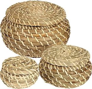 Dicunoy Set of 3 Small Wicker Basket with Lid, Round Woven Seagrass Baskets, Little Handmade Rattan Storage Basket Box for Shelf, Home, Bathroom Decor