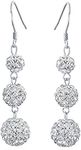 White Clear Crystal Pave Round Graduated Three Tier Disco Ball Linear Dangle Chandelier Earrings for Women Teen.925 Sterling Silver