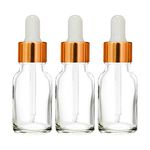 nsb herbals 15 ml Clear/Transparent Round Empty Glass Bottle/Glass Dropper/Golden Ring/Silicon White Teat, Refillable, For Essential Oils, Perfumes (Pack Of 3)