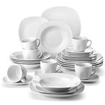 MALACASA 30-Piece Porcelain Dinnerware Set - Gray White Modern Dish Set for 6, Square Dishes Serving Plates Dishes Set, Plates and Bowls Sets, with Cups and Saucers - Series ELISA