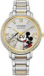 Citizen Eco-Drive Ladies' Mickey Mouse Crystal Watch, Two Tone Gold Stainless Steel, 3-Hand, 36mm (Model: FE7044-52W)